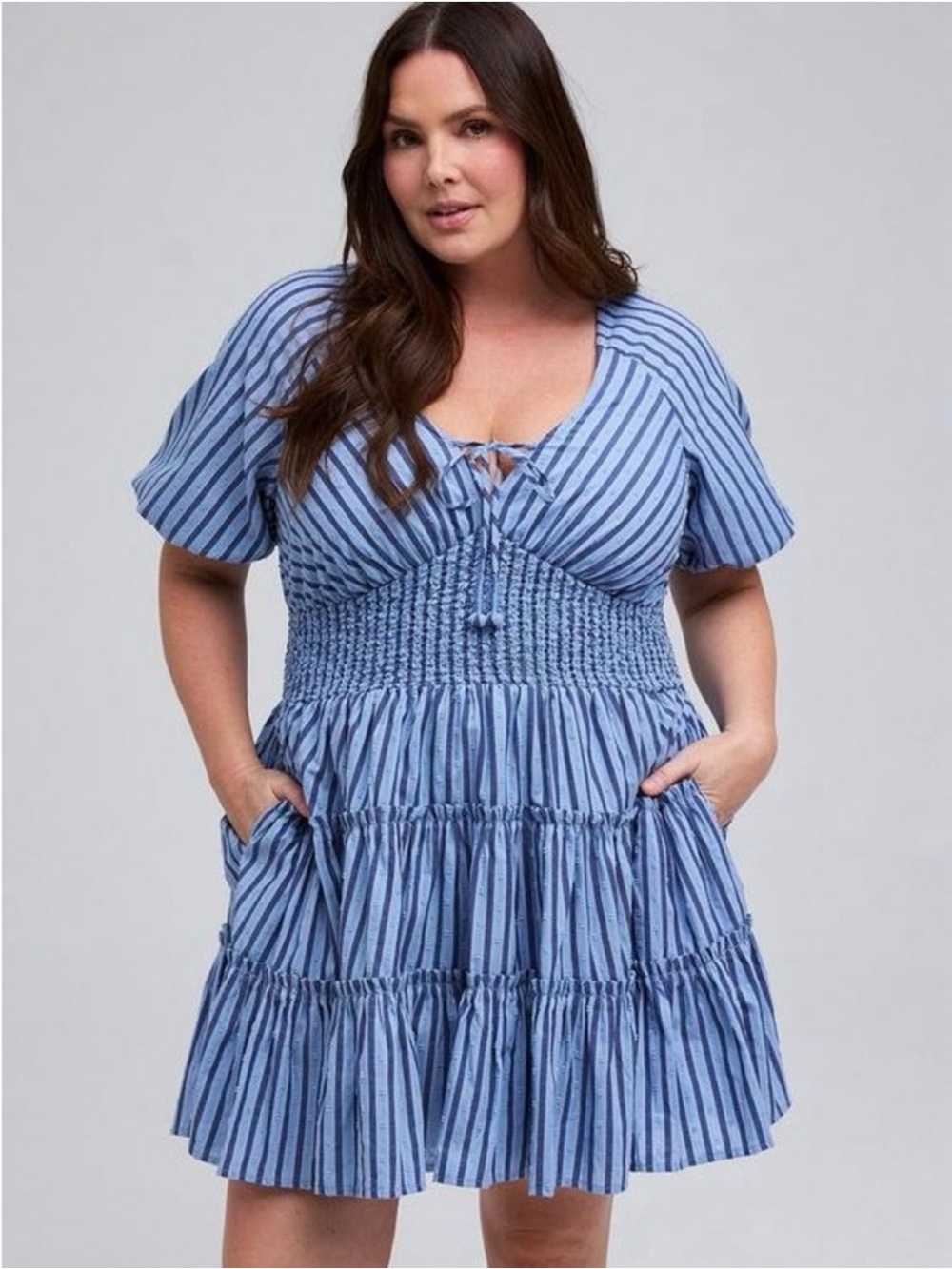 Smocked Waist Blue Striped Mini Dress with Tie-Front